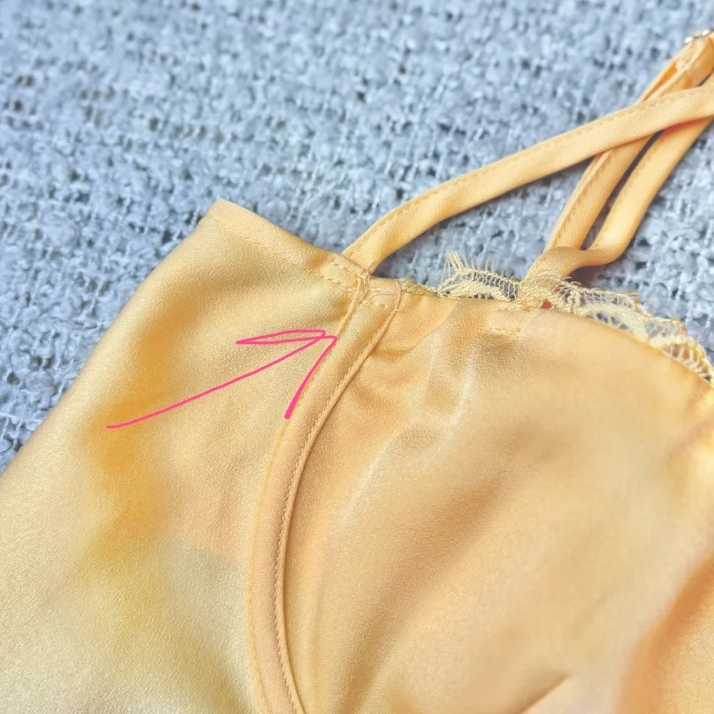 Meshki Satin Lace Slip Mini Dress Joslyn Lemon Yellow size L - Picture 4 of 11